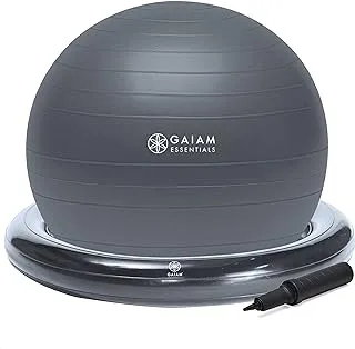 Gaiam Essentials Balance Ball & Base Kit ، كرسي كرة يوجا 65 سم ، كرة تمرين مع قاعدة حلقة قابلة للنفخ للمنزل أو المكتب ، تتضمن مضخة هواء