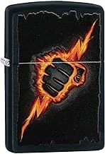 Zippo Classic Lighter 218 Ci412372 Lightning Bolt Fist مع تصميم اللهب | يندبروف | معدن الكروم شديد التلميع | أسود