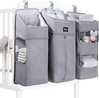 Sunveno Baby Bedside Organizer Portable Crib Organizer Multipurpose Organizer Easy To Fold And Pack Split In To 3 Parts Large & Multiple Spaces Hanging Bag Accessories Organizer Grey