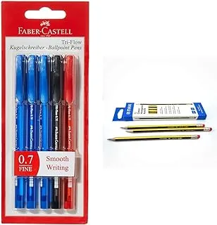 Faber-Castell Tri-Flow Ball Pen 0.7Mm Blister Of 5Pc Assorted (3 Blue + 1 Black Red) & Classic Hexagonal Graphite Pencil Hb With Rubber Tip, Box 12,