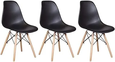 Mahmayi Set of 3 Dining Style Side Chair with Natural Wood Legs Eiffel Dining Room Chair Lounge Chair Eiffel Legged Base Molded Plastic Seat Shell Top Side Chairs - Black