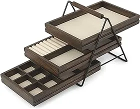 Umbra Terrace Tier Jewelry Three SlidingLinen Lined Wood Trays With Metal Frame And Handle, Easy Storage And Access, Walnut, 3 Each