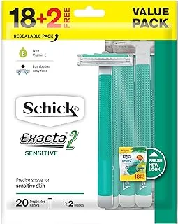 Schick Exacta2 Sensitive Twin Blade Disposable Razor For Men-Strip Enriched With Vitamin E & Aloe-Vera-Close & Smooth Shave-Push Clean Button-Slim Head-Non Slip Comfortable Rubber Grip- 12+6 Razors