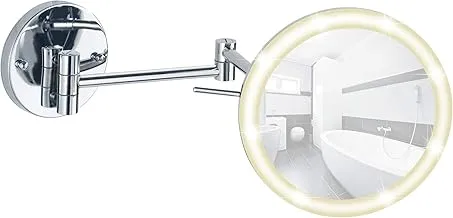 WENKO Aura LED Power-Loc® Wall Mirror, Steel, Mount without Drilling, Magnifying Cosmetic & Vanity Mirror, 20x24.5x10-40cm, Chrome