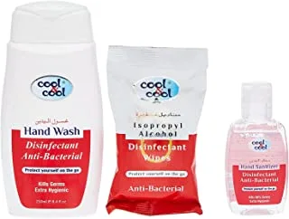 Cool & Cool - Hand Wash 100 Ml + Hand Sanitizer 100 Ml + Sensitive Wipes 10 Count's Free - Enriched With Vitamin E, Gentle, Skin-Friendly & Disinfectant Anti-Bacterial Kit