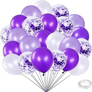 PARTY TIME - 24 Pieces Dark Purple, Lavender and White Latex and Confetti Balloons Sets with Ribbon Roll for Weddings Birthday Party Decoration, Bridal & Baby Showers Balloons (12 Inches)