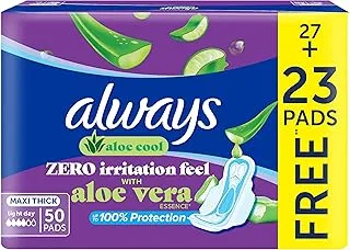 Always Aloe Cool Disposable Pads With Aloe Vera Essence For Light Days, For Zero Irritation Feel, Long Maxi Thick Pads With Wings, 50 Pads