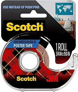 Scotch Removable Poster Tape 3/4 in x 150 in (19mm x 3.8m), 1 Roll/dispenser | Clear color | Ideal for poster, paper, cardboard | Multi-Surface | Easy to use | Double Sided Adhesive Tape