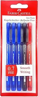 FABER-CASTELL TRI-FLOW BALL PEN 0.7MM BLISTER OF 5PC ASSORTED (3 BLUE + 1 BLACK RED)