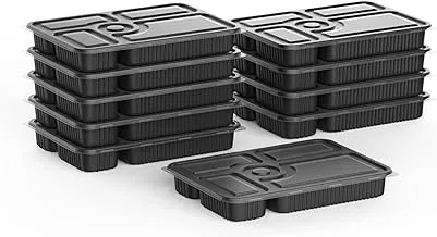 Cosmoplast 5 Compartments Pack Of 10 Black Meal Containers With Clear Lids, Trmtc5Wlppbs10, Microwave Container