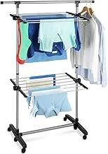 WENKO Space Saving Laundry Dryer, Extendible, Home & Bathroom Helper, Clothes Drying Accessory, Adjustable & Compact, 77-120x143x56cm, Silver Matt