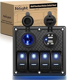 Nilight - 90107D 4 Gang Rocker Switch Panel Waterproof Pre-Wired With Usb Charger & Power Socket And Fuse Dc 12V 24V For Car Rv Vehicles Trucks,2 Years Warranty