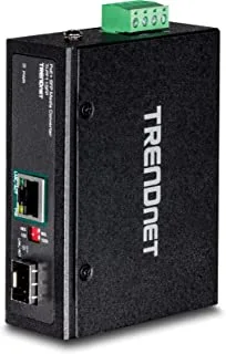 TRENDnet Industrial SFP to Gigabit PoE+ Media Converter, IP30 Rated Housing, Operating temperature range -40°– 75 °C to (-40° – 167 °F), TI-PF11SFP, Black