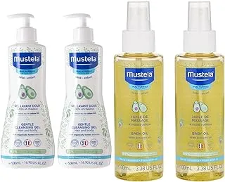 Mustela Gentle Cleansing Gel, 500ml x Pack of 2 & Mustela Baby Massage Oil 100ml - Pack of 2, Pack of 2