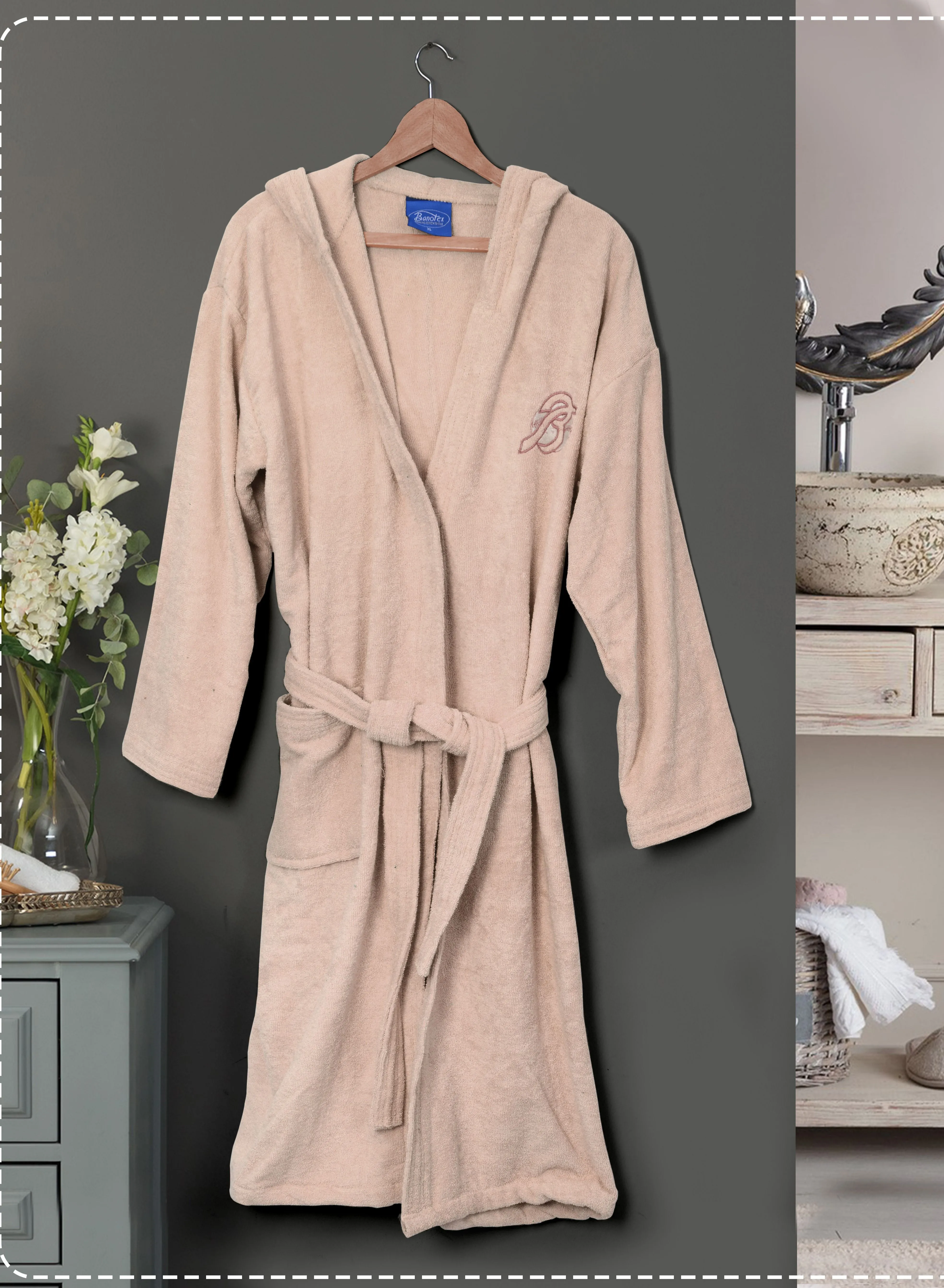 Banotex Cotton bathrobe with a pocket &head cap for unisex, 100% Egyptian cotton, ultra-soft, highly water-absorbent, color-fast and modern, ideal for daily use, resorts and spas L