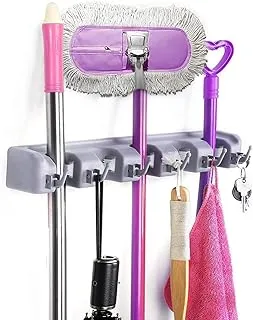 ECVV mop broom holder wall mounted kitchen tool organizer and storage rack, 6 hooks and 5 slots, grey