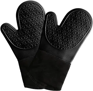 ECVV Black Silicone Oven Mitts Waterproof Heat Resistant BBQ Baking Gloves Long Oven Mitt Pot Holders for Kitchen Cooking Baking Grilling