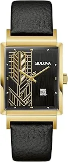 Bulova Men's Frank Lloyd Dana-Thomas House Quartz Watch, Gold, Frank Lloyd Wright Dana-Thomas House Gold-Tone Stainless Steel Black Leather Strap Watch