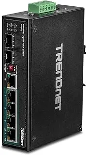 TRENDnet 6-Port Hardened Industrial Gigabit PoE+ DIN-Rail Switch, 4 x Gigabit PoE+ Ports, Shared Gigabit Port (RJ-45/SFP), Dedicated SFP, 120W Power Budget, IP30, Lifetime Protection, Black, TI-PG62