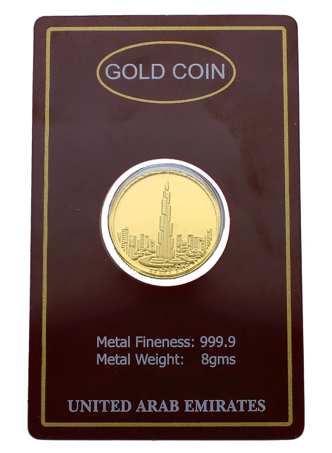 FK Jewellers 8g Gold Coin with Burj Khalifa & UAE Heritage Building Design - 8 Grams 24KT 999.9 Purity