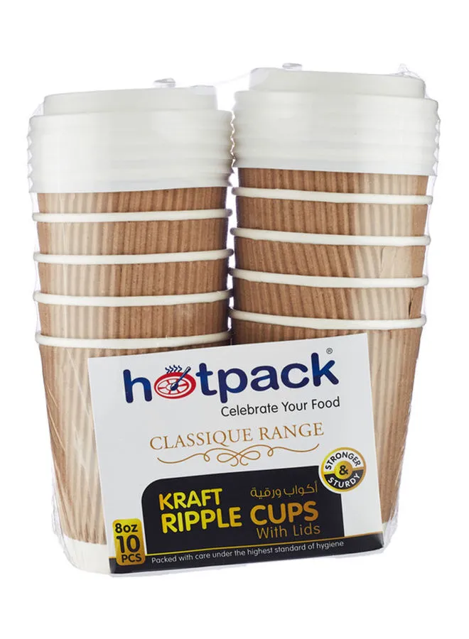 Hotpack 10-Piece Kraft Ripple Cup  With Lid Set Brown/White