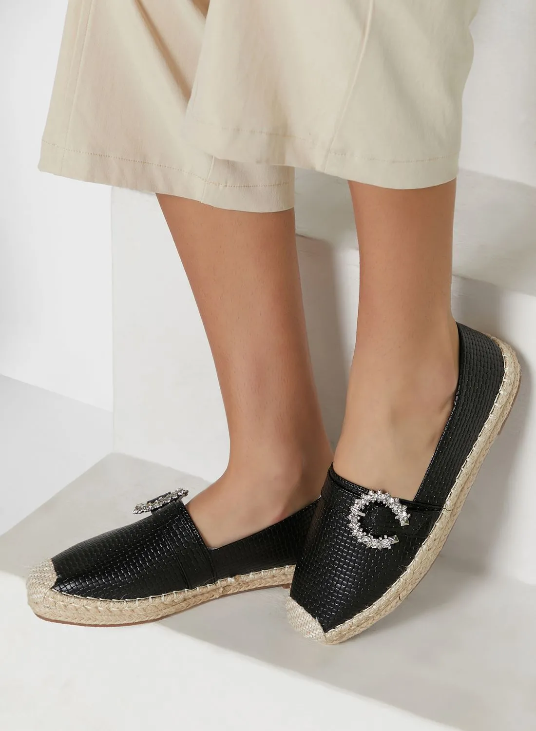 ELLA Textured Diamante Buckle Flat Espadrille