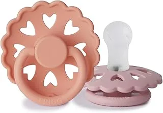 FRIGG Fairytale Silicone Baby Pacifier 0-6 Months | 2 Pack Soother | Round Latex-Free Nipple with Heart Shaped Air Holes | Made In Denmark — Pretty in Peach/Primrose