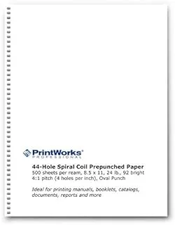 PrintWorks Professional Prepunched Paper, 8.5 x 11, 24 lb, 44-Hole Spiral Coil (4:1 Pitch) Binding Paper, 500 Sheets, White (04147)