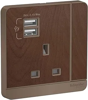 Schneider Electric AvatarOn, 1 Gang, Socket with USB, 13A, Dark Wood, E8315USB_WD_G12