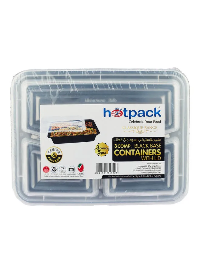 Hotpack 5-Piece Disposable 3-Compartment Rectangular Container With Lid Black/Clear 25cm