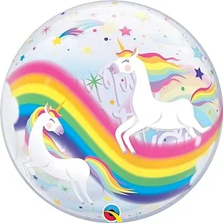 بالون كوالاتكس Happy Birthday Rainbow Unicorns Bubble Balloon ، مقاس 22 بوصة ، شفاف