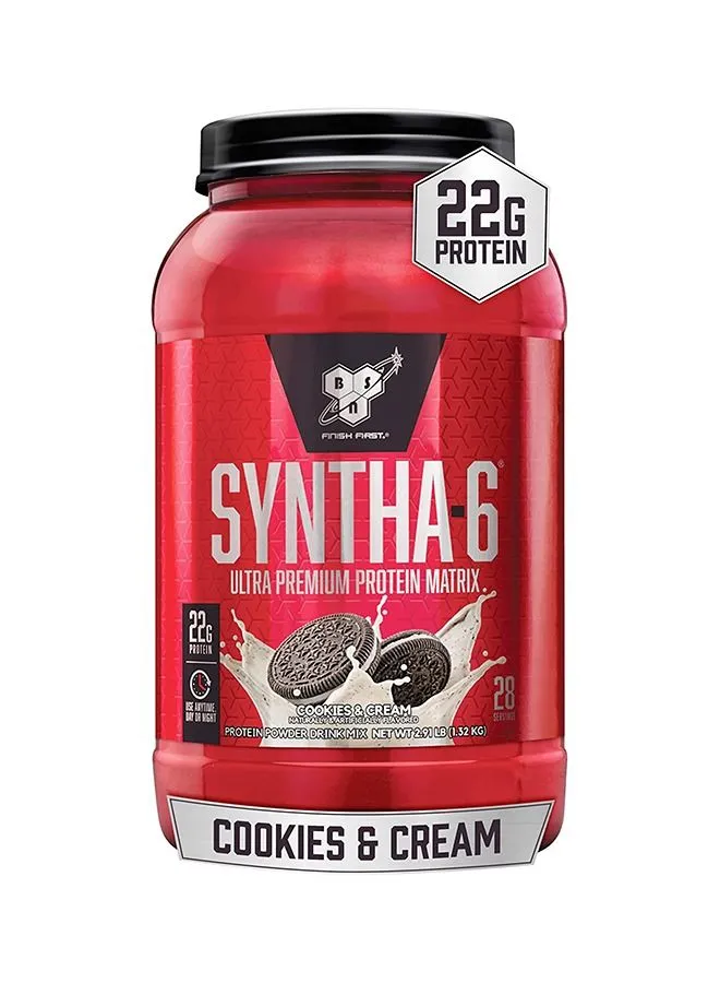 BSN Syntha-6 Ultra Premium Protein Matrix, Whey Protein Powder, Micellar Casein, Milk Protein Isolate Powder - Cookies & Cream, 2.91 Lbs, 28 Servings (1.32 KG)