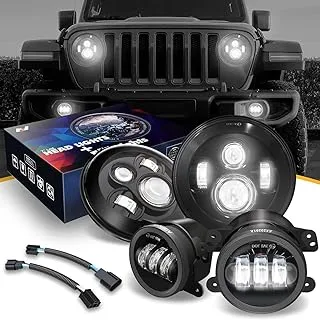 NUVISION LIGHTING NVL-HL-001 7 Inches LED Projector Headlight High Low Beam + NVL-FL-001 4 Inches LED Fog Lights With Halo Ring Compatible with 2007-2018 Jeep Wrangler JK DOT Approved