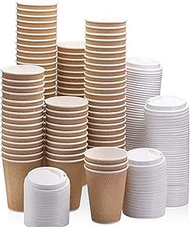 MARKQ [25 Sets] 8 oz. Brown Disposable Ripple Insulated Coffee Cups with Lids - Hot Beverage Corrugated Paper Cups