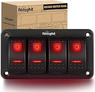 Nilight 4 Gang Rocker Switch Panel 5Pin On Off Toggle Switch Aluminum Holder 12V 24V Dash Pre-Wired Red Backlit Switches for Automotive Cars Marine Boats RVs Truck, 2 Years Warranty