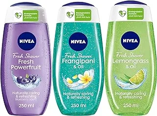 NIVEA refreshing shower gel bundle: Lemongrass & Oil, Lemongrass Scent + Fresh Powerfruit, Blueberry Scent + Frangipani & Oil, Frangipani Scent, 3x250ml