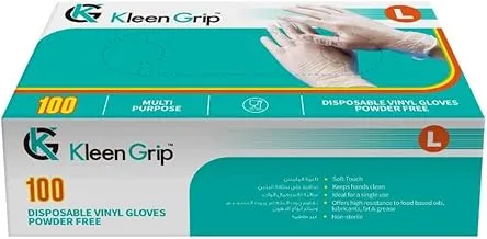 Kleen Grip Disposable Vinyl Gloves - 100 Pack, Powder-Free, Clear, Latex-Free Gloves, Large