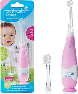 Brush-Baby BabySonic Electric Baby Toothbrush for Ages 0-3, With Fun LED Light, Soft Bristles for Sensitive Gums, Smart Timer, Waterproof with Suction Base, Includes 2 Heads - Pink