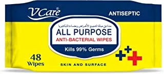 V Care All Purpose Anti Bacterial Wipes - 48'S | Kills 99.9% Of Germs | Cleans And Disinfects Surfaces | Multipurpose And Versatile |Ideal For Home, Office, And Travel