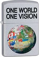 Zippo Classic Lighter 205 Ci412371 One World One Vision With Globe Map Design | Windproof | High Polish Chrome Metal |Silver