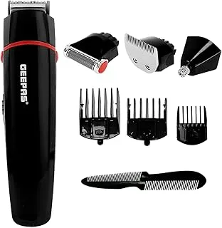 Geepas GTR8128N 7-in-1 Grooming kit | 500mAh Li-ion battery | Cordless Hair Clippers, Grooming Kit with Stand, LED Indicators | 5 Interchangeable Heads for Shaving, Detailing, Nose and Body