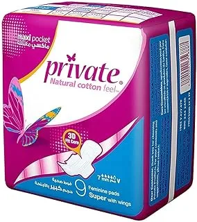 Private Natural Cotton Feel, Maxi, Folded With Wings, Super Sanitary Pads, 9 Pads