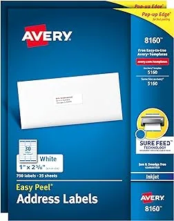 ملصقات عناوين Avery 8160 Easy Peel للطابعات النافثة للحبر ، 1 × 2 5/8 بوصة ، أبيض ، 750 قطعة (عبوة من 2)