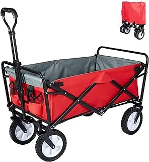 Coolbaby Heavy Duty Collapsible Folding Wagon Utility Outdoor Camping Garden Cart With Universal Wheels & Adjustable Handle, Red And Grey