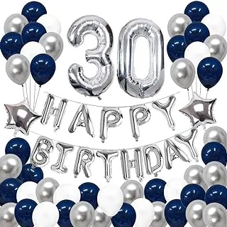 Puchod 30th Birthday Decorations, Puchod Happy Birthday Banner Kit Number 30 Foil Ballon Party Decorations Set Blue & Sliver for Men