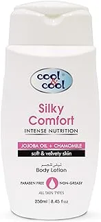 Cool & Cool Silky Comfort Body Lotion 250ML - Nourishing Formula for All Skin Types, Enriched with Jojoba Oil & Chamomile, Non-Greasy & Paraben-Free for Soft and Velvety Skin