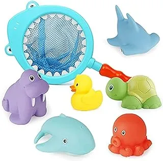 Topdeal 7Pcs Baby Bath Toys, Scoop Net Fish Pool Toys With Spray, Sounds, Color Changing Toddler Bathtub (Shark 7Pcs)