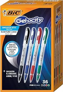 Bic Gel-Ocity Smooth Stic Gel Pen, Fine Point (0.5mm), Assorted Colors, 36-Count, Vibrant And Smooth Gel Ink