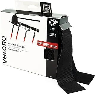 VELCRO Brand Heavy Duty Tape With Adhesive | 15 Ft X 2 In | Holds 10 Lbs, Black | Industrial Strength Roll, Cut Strips To Length | Strong Hold For Indoor Or Outdoor Use