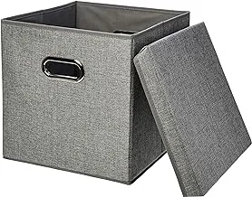 Amazon Basics Foldable Burlap Cloth Cube Storage Bin With Lid, Set of 2, Gray